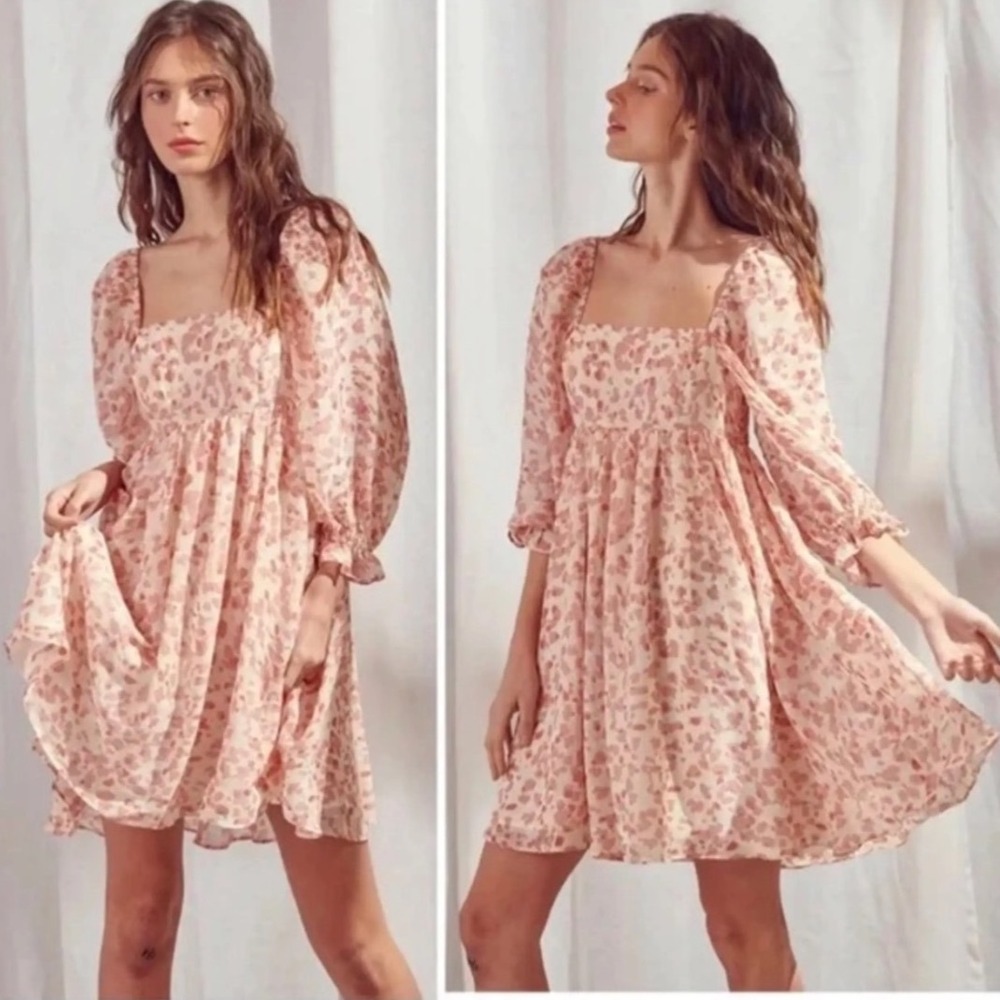 Storia Pink Abstract Print Puff Sleeve Mini‎ Dress Square Neck Clip Dot Small